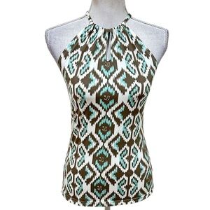 Ellie Kai taupe & aqua diamond  print halter sleeveless stretchy top back tie xs